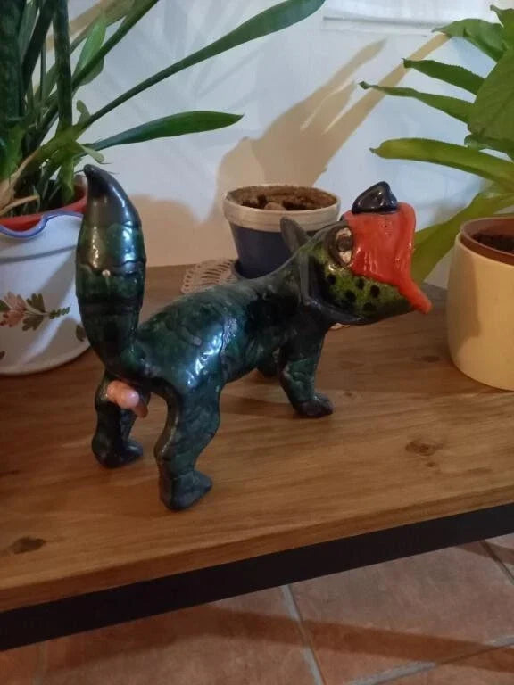 Glazed stoneware sculpture by Jacky COVILLE titled A little green cat