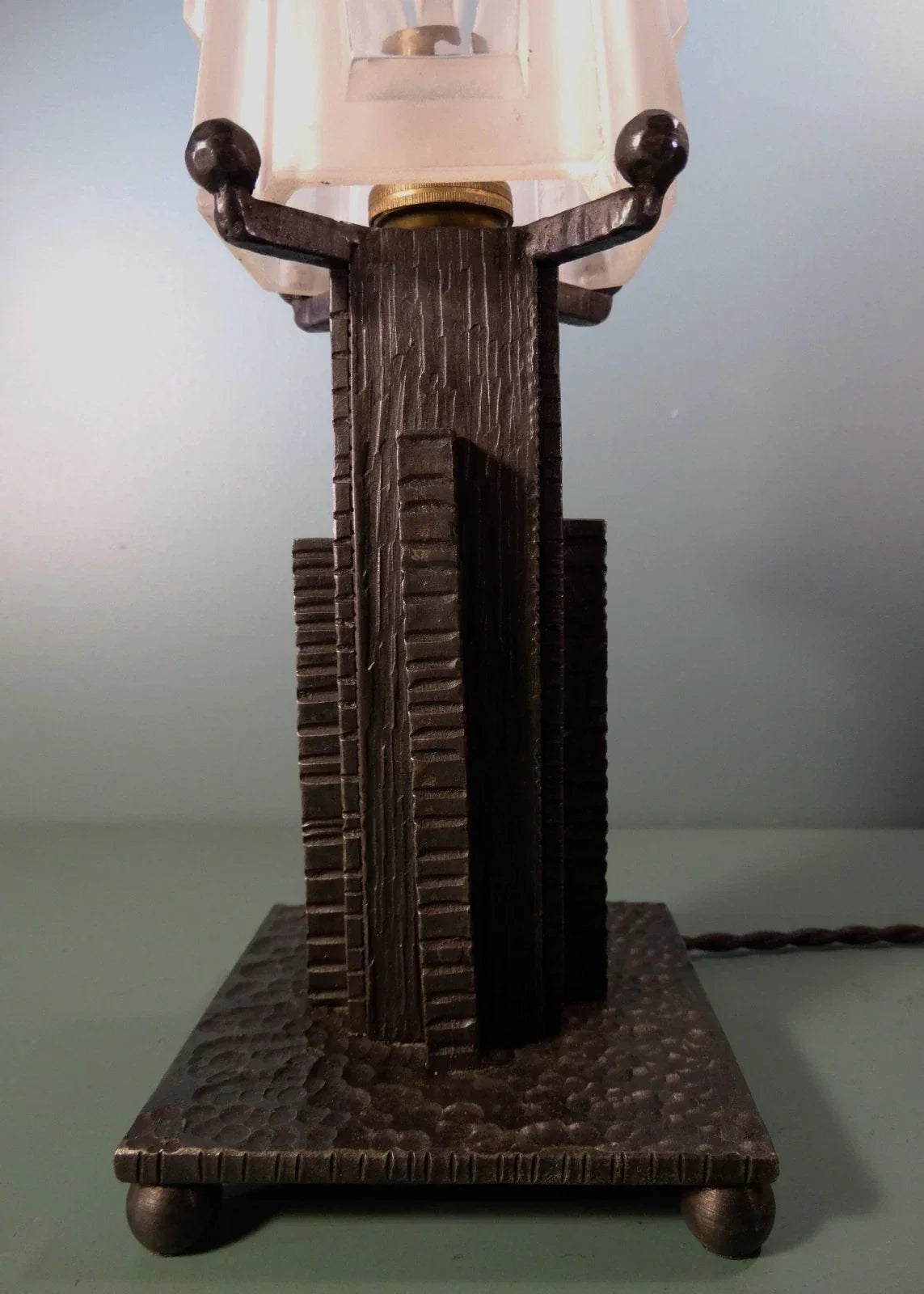Art Deco skyscraper lamp, building style. Wrought iron, Muller Frères Lunéville.