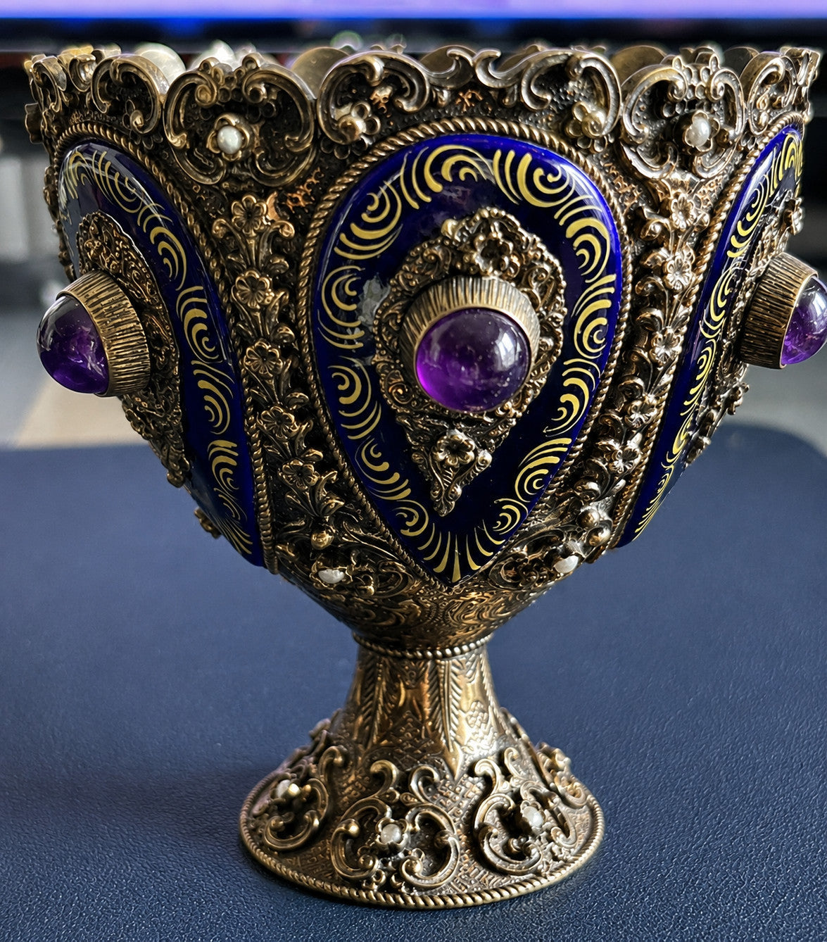 Solid sterling silver 925 chalice, cobalt blue enamel, amethyst cabochons, fine pearls