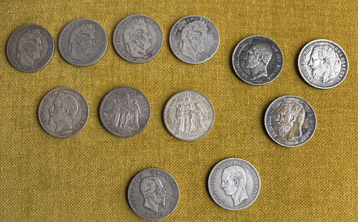 Lot of 35 antique silver coins, 19th century, Ecu, Nap, Louis-Philippe, Leopold, Hercules