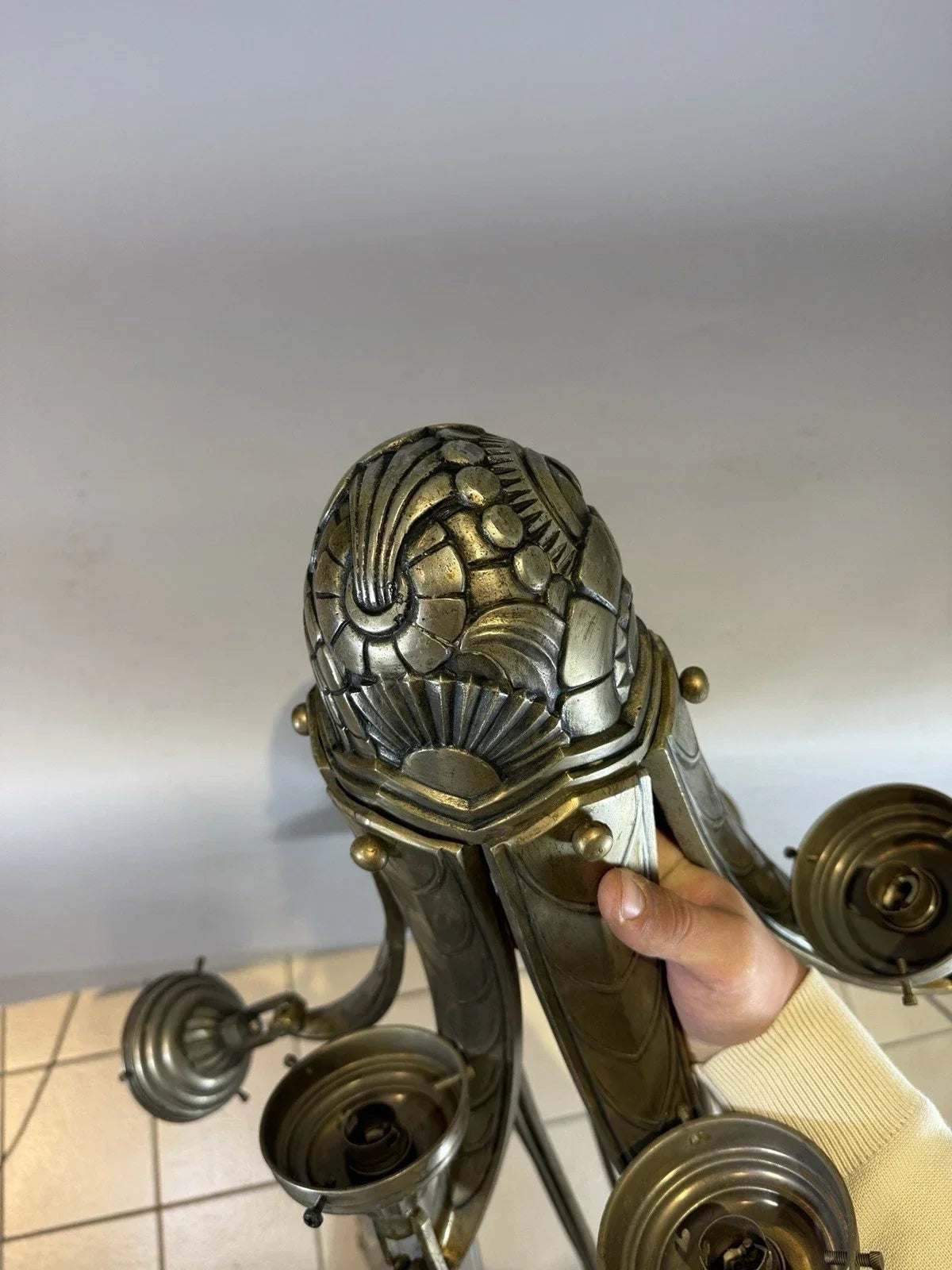 Nickel-plated bronze chandelier, French work from the 1930s.