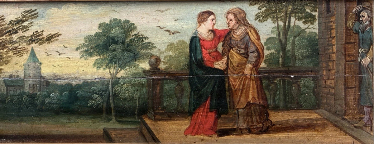 Antique oil painting, religious scene, The Visitation of the Virgin to Saint Anne, early 17th century