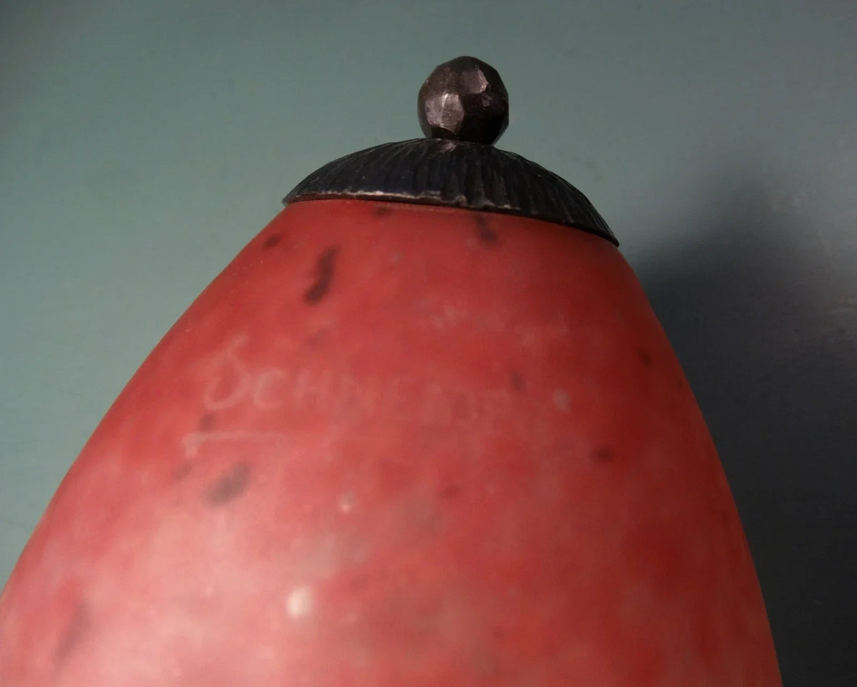 Wrought iron lamp with pâte de verre tulip shade. Signed Schneider.