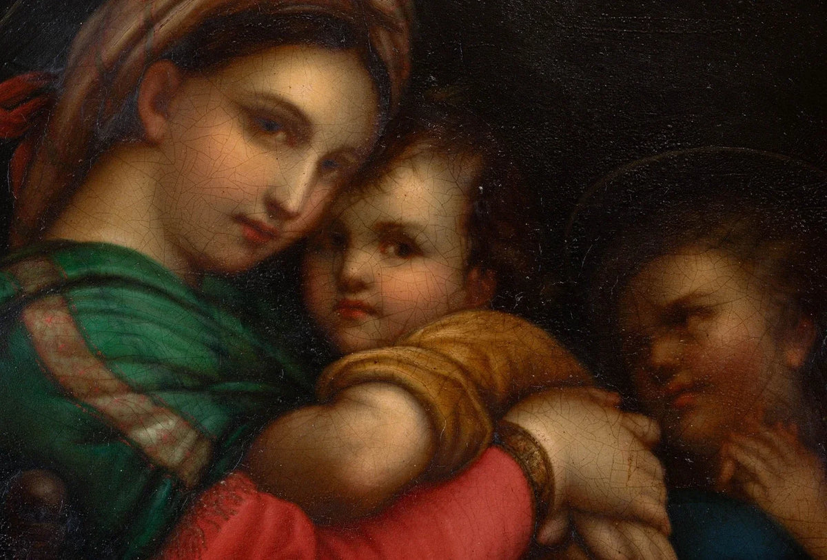 19th-century oil tondo on copper after the Italian Old Master Raphael, in an antique gilded frame