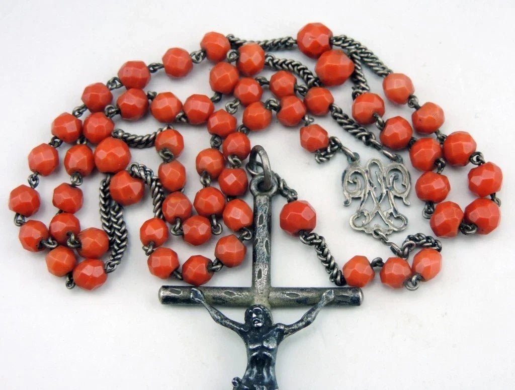 Antique large rosary made of faceted coral beads and solid silver, weight 36 g