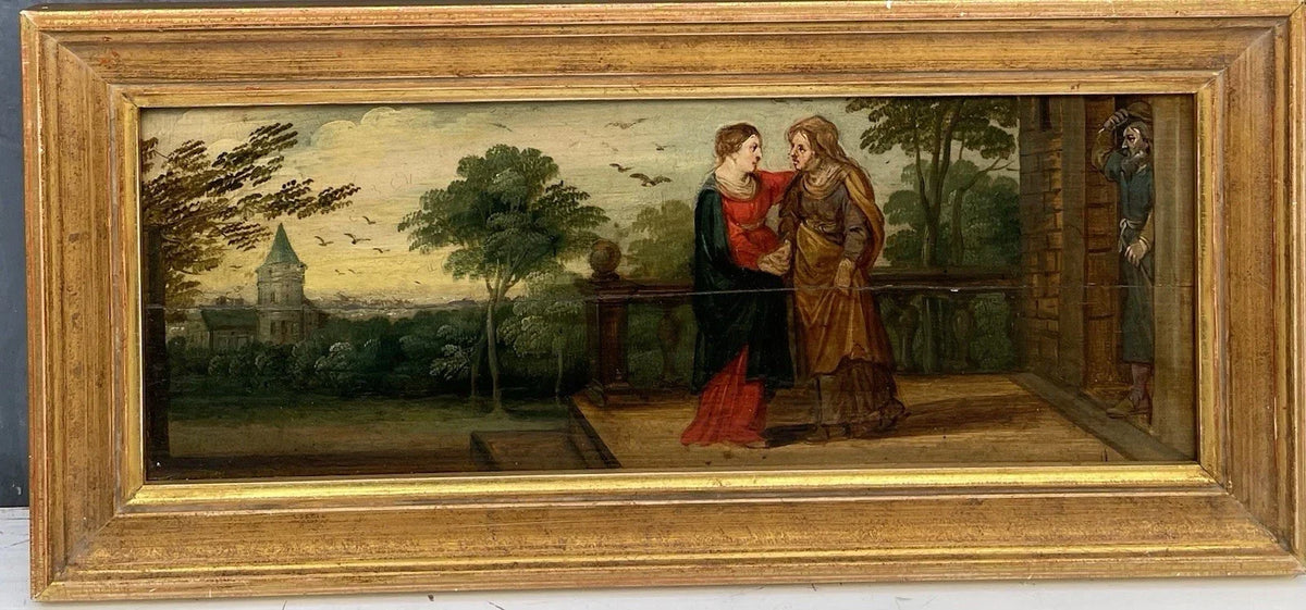 Antique Oil Painting, Religious Scene, The Visitation of the Virgin to Anne, Early 17th Century