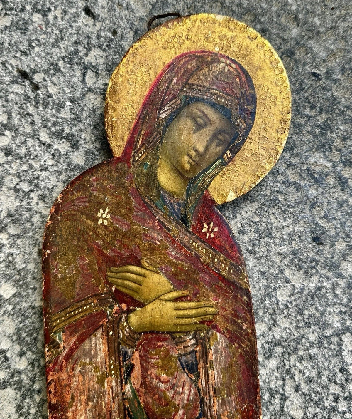 Antique Painting Portrait of the Virgin Mary in Prayer Religious Icon Wood