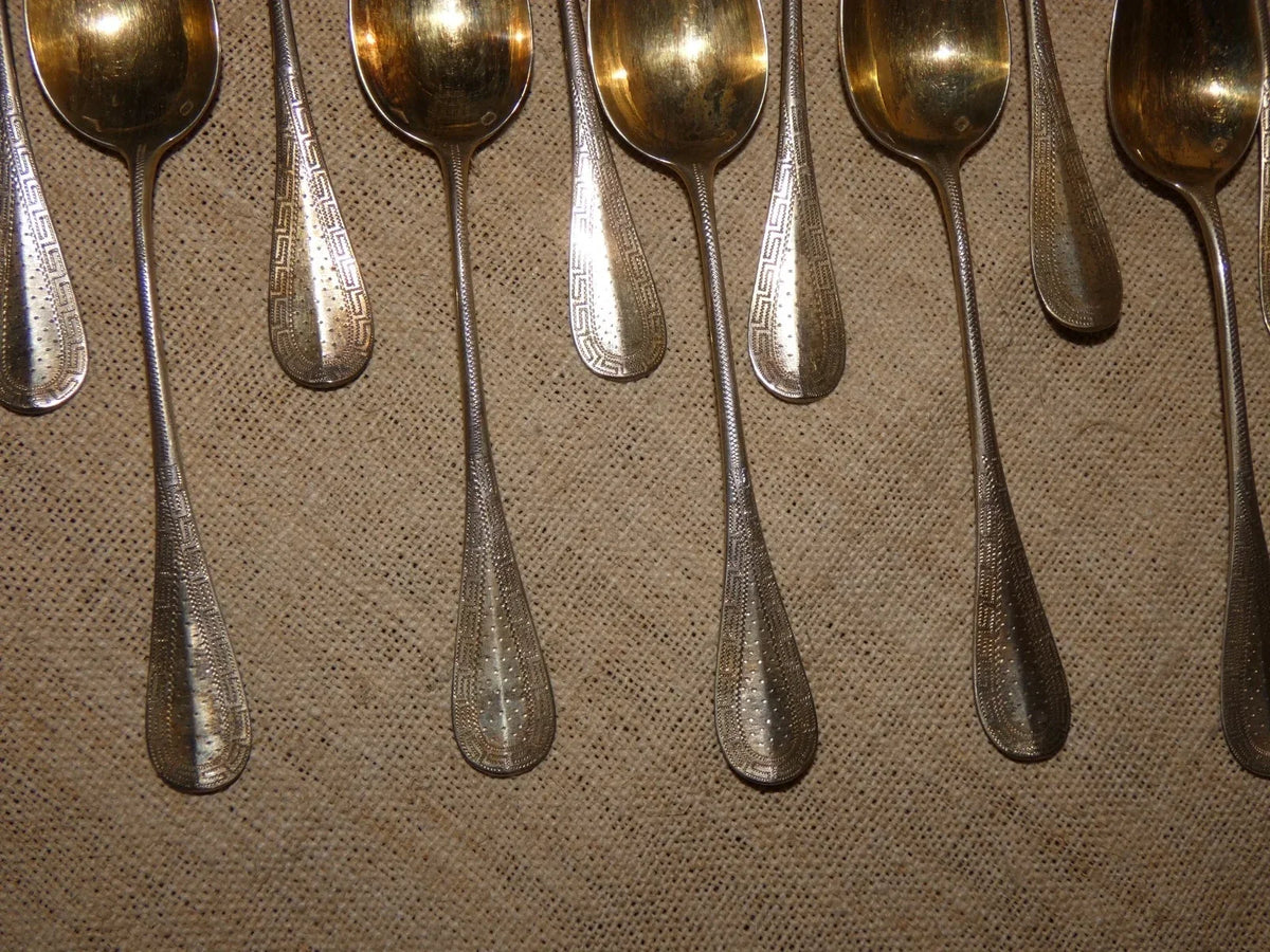 12 antique solid silver teaspoons and sugar tongs