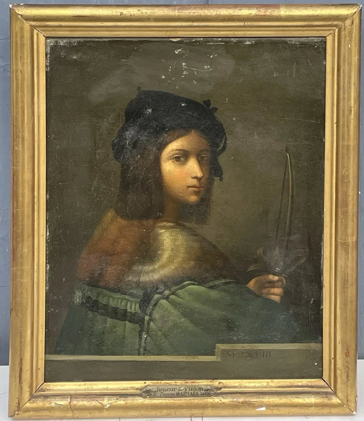 Tableau Ancien Huile Portrait Joueur de Violon Homme Renaissance Raphael XIXe