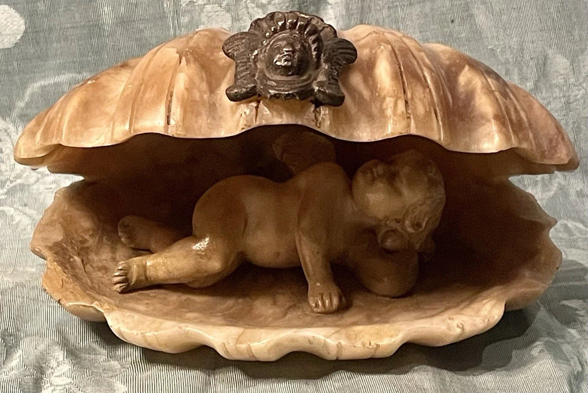 19th Century Alabaster Grand Tour Putto Angel Shell Sculpture Rare Collection