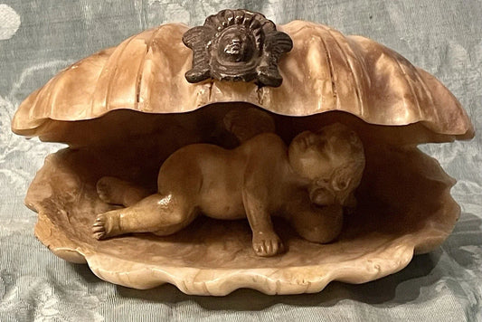 Sculpture 19ème XIXème Albâtre Grand Tour Angelot Putto Coquille Collection Rare