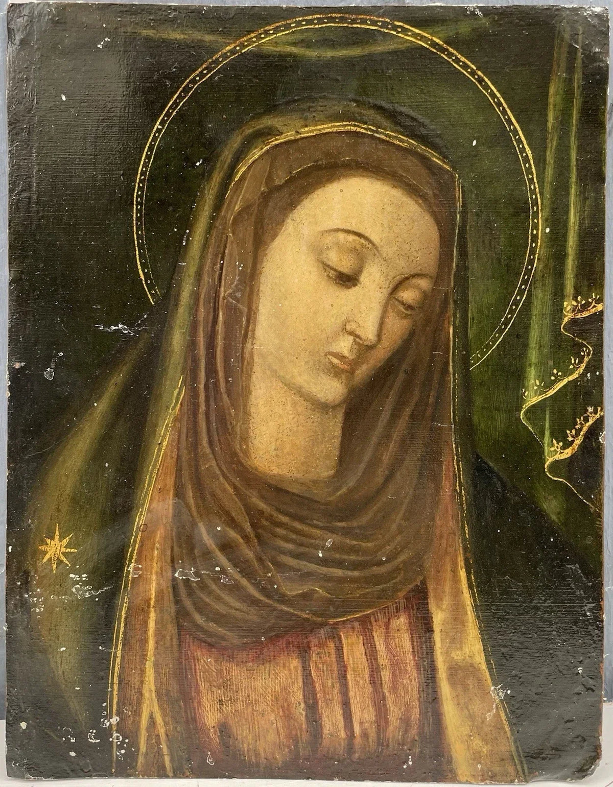 Tableau Religieux Ancien Huile Cuivre Portrait Vierge Renaissance XVIe-XVIIe