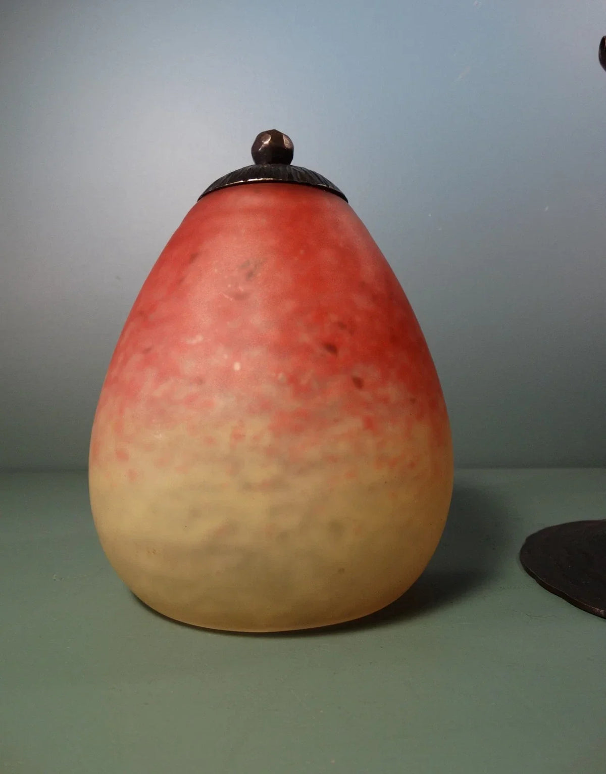 Wrought iron lamp with pâte de verre tulip shade. Signed Schneider.
