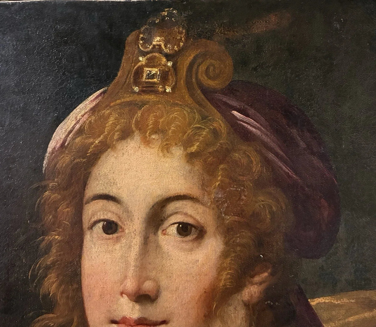 Tableau ancien huile portrait femme reine bijoux renaissance fontaine bleau xvie
