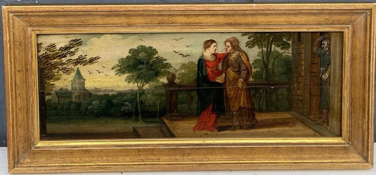 Antique oil painting, religious scene, The Visitation of the Virgin to Saint Anne, early 17th century