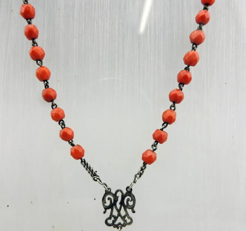 Antique large rosary made of faceted coral beads and solid silver, weight 36 g