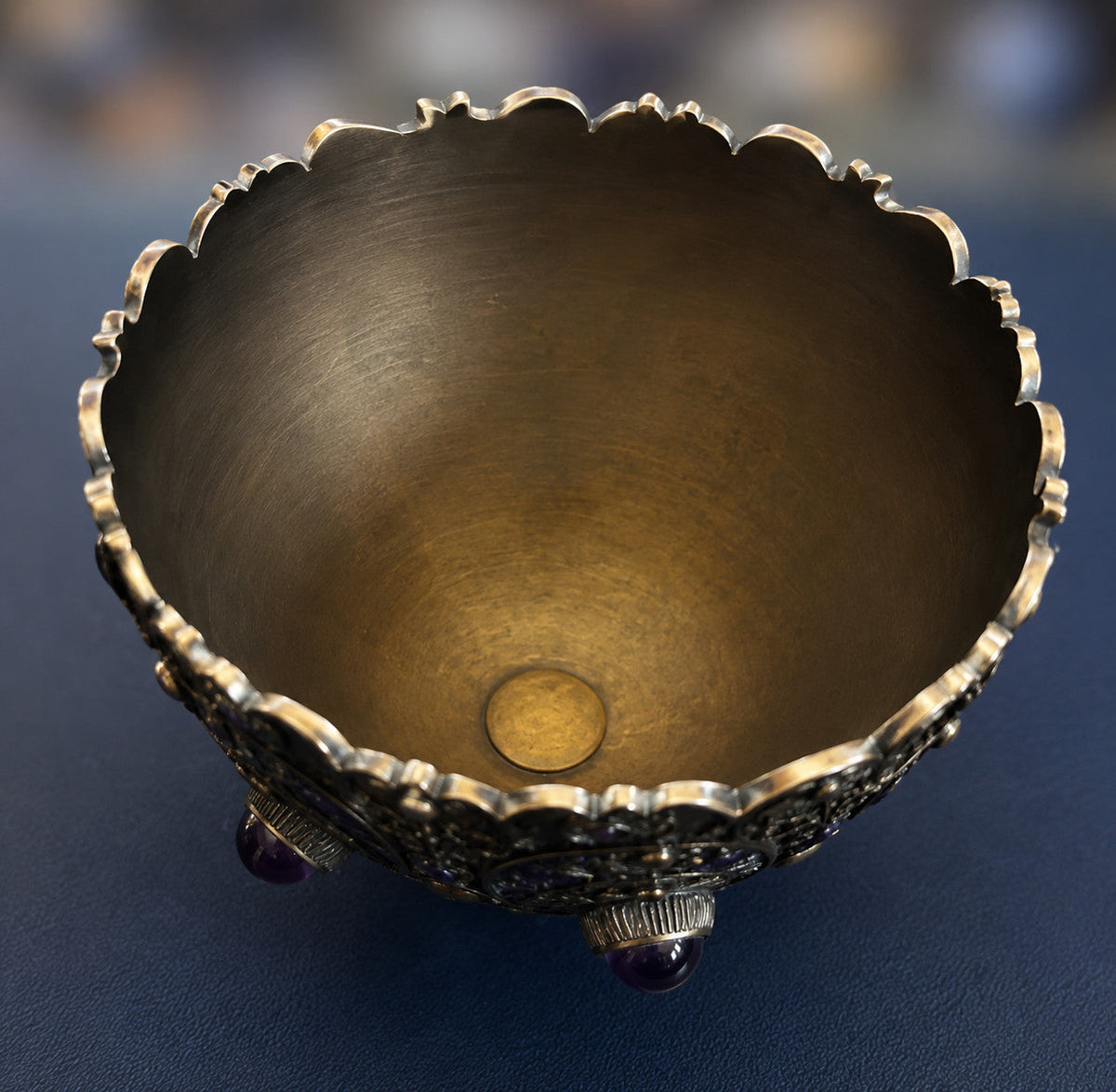 Solid sterling silver 925 chalice, cobalt blue enamel, amethyst cabochons, fine pearls