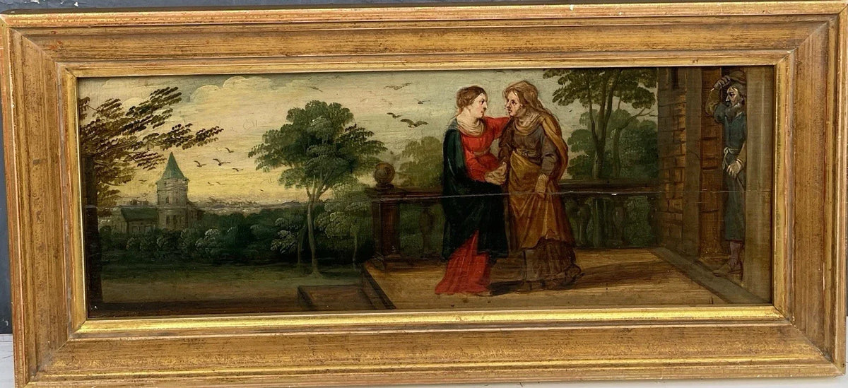 Antique oil painting, religious scene, The Visitation of the Virgin to Saint Anne, early 17th century