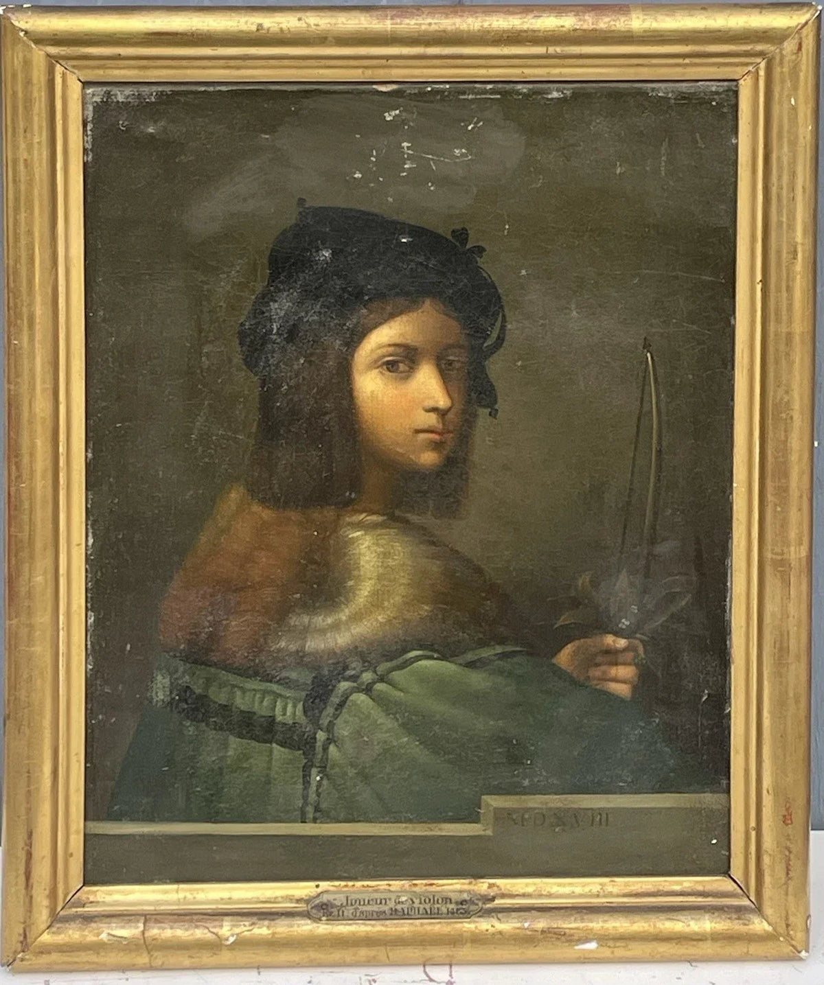 Tableau Ancien Huile Portrait Joueur de Violon Homme Renaissance Raphael XIXe
