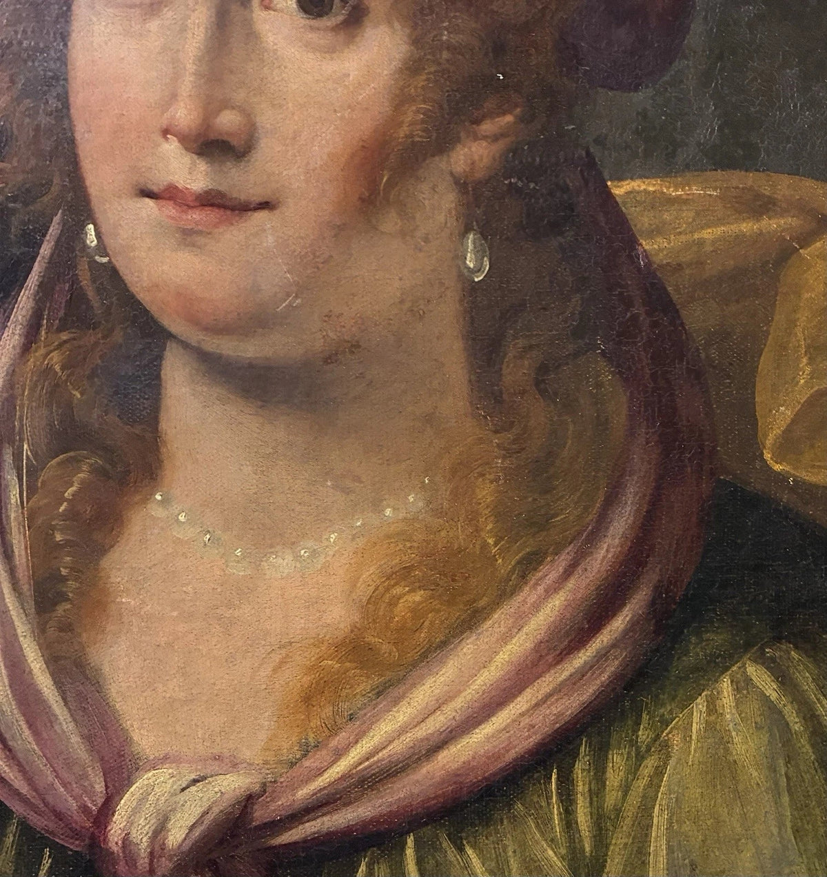 Tableau ancien huile portrait femme reine bijoux renaissance fontaine bleau xvie