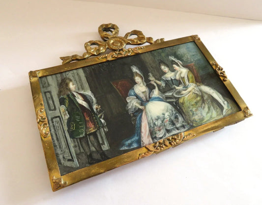 Beautiful 19th-century MINIATURE, in the 18th-century style. Interior scene. BRONZE FRAME
