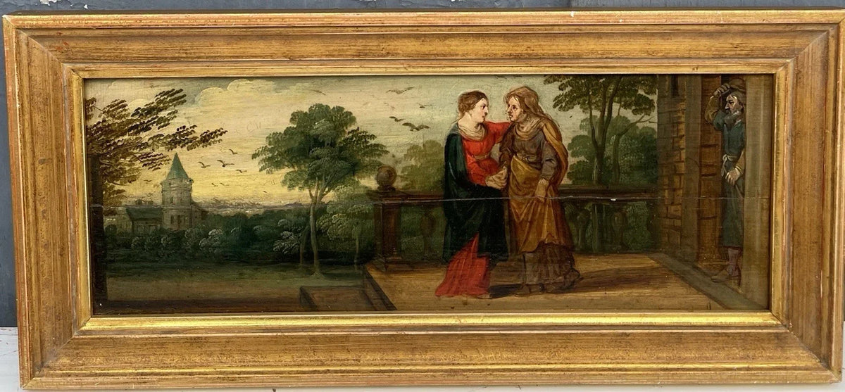 Antique Oil Painting, Religious Scene, The Visitation of the Virgin to Anne, Early 17th Century
