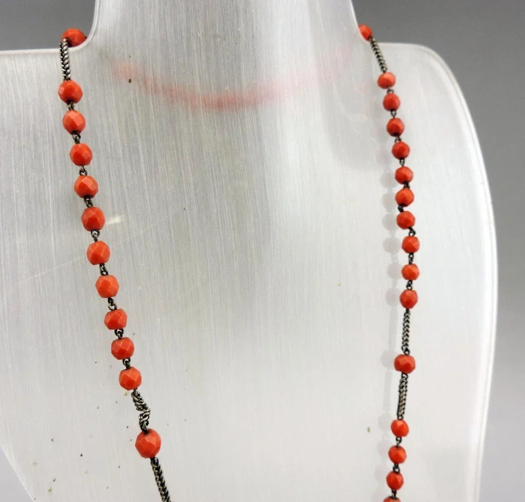 Antique large rosary made of faceted coral beads and solid silver, weight 36 g