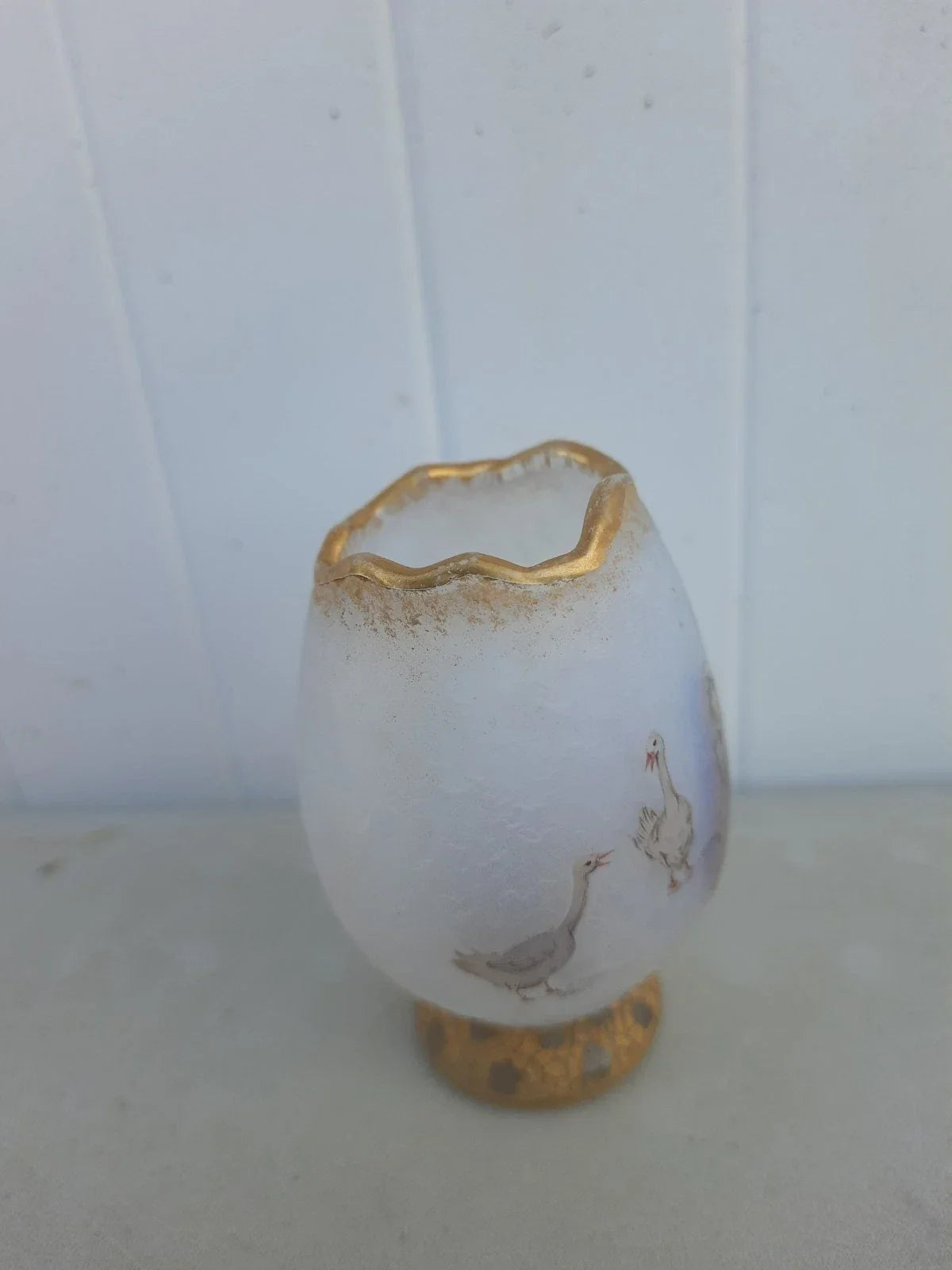 Rare Antique Small Daum Nancy Goose Girl Frosted Glass Vase. Gold Trimmed.