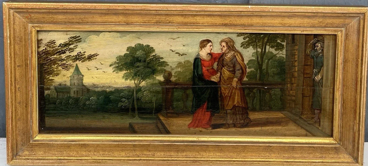 Antique oil painting, religious scene, The Visitation of the Virgin to Saint Anne, early 17th century