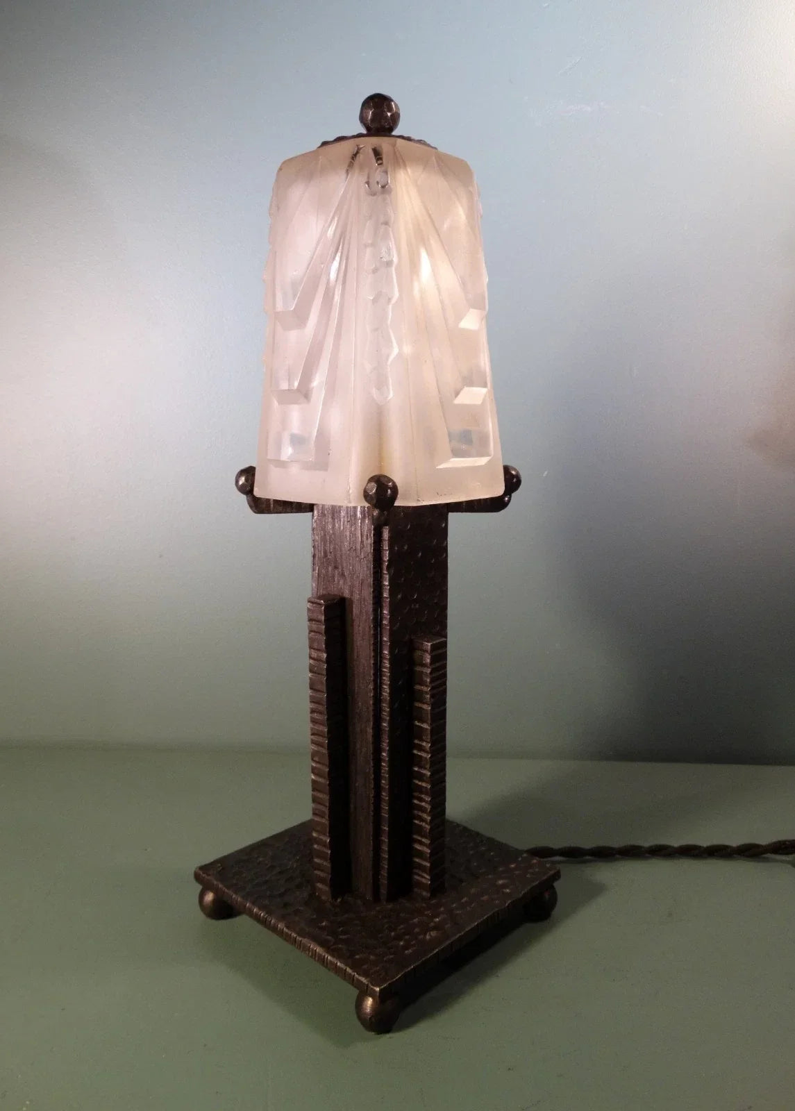 Art Deco skyscraper lamp, building style. Wrought iron, Muller Frères Lunéville.