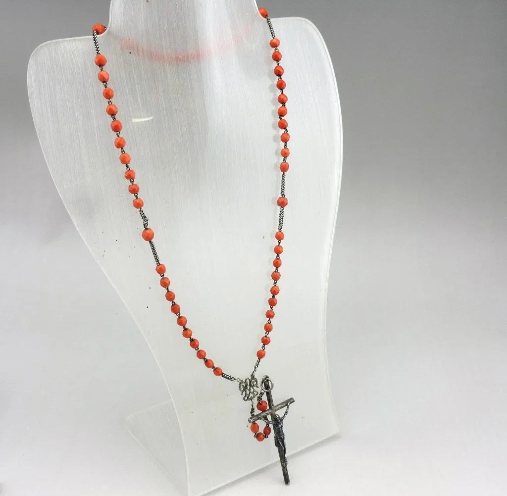 Antique large rosary made of faceted coral beads and solid silver, weight 36 g