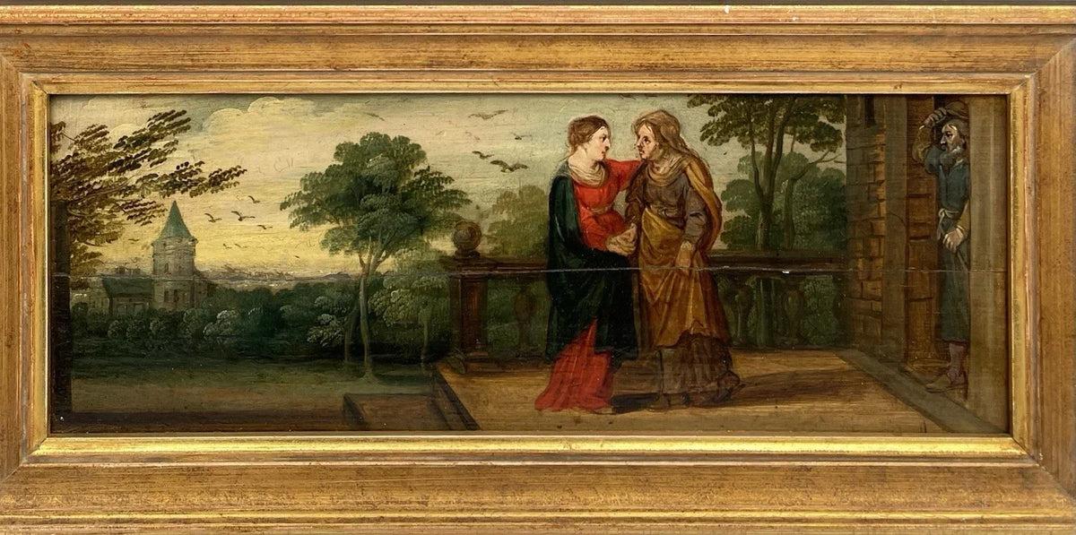 Antique Oil Painting, Religious Scene, The Visitation of the Virgin to Anne, Early 17th Century