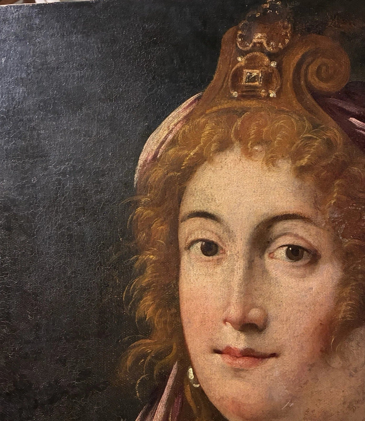 Tableau ancien huile portrait femme reine bijoux renaissance fontaine bleau xvie