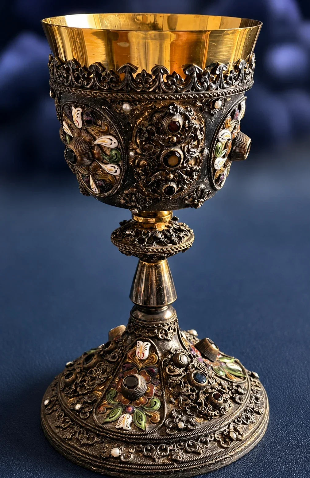 Austro-Hungarian solid 925 silver chalice, silver-gilt, enamel, and fine pearls