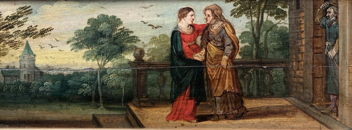 Antique Oil Painting, Religious Scene, The Visitation of the Virgin to Anne, Early 17th Century