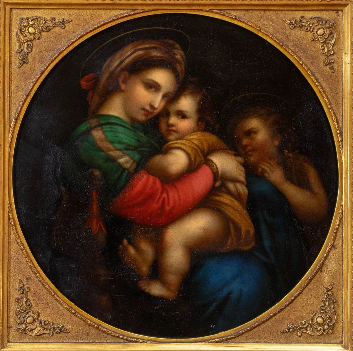 19th-century oil tondo on copper after the Italian Old Master Raphael, in an antique gilded frame