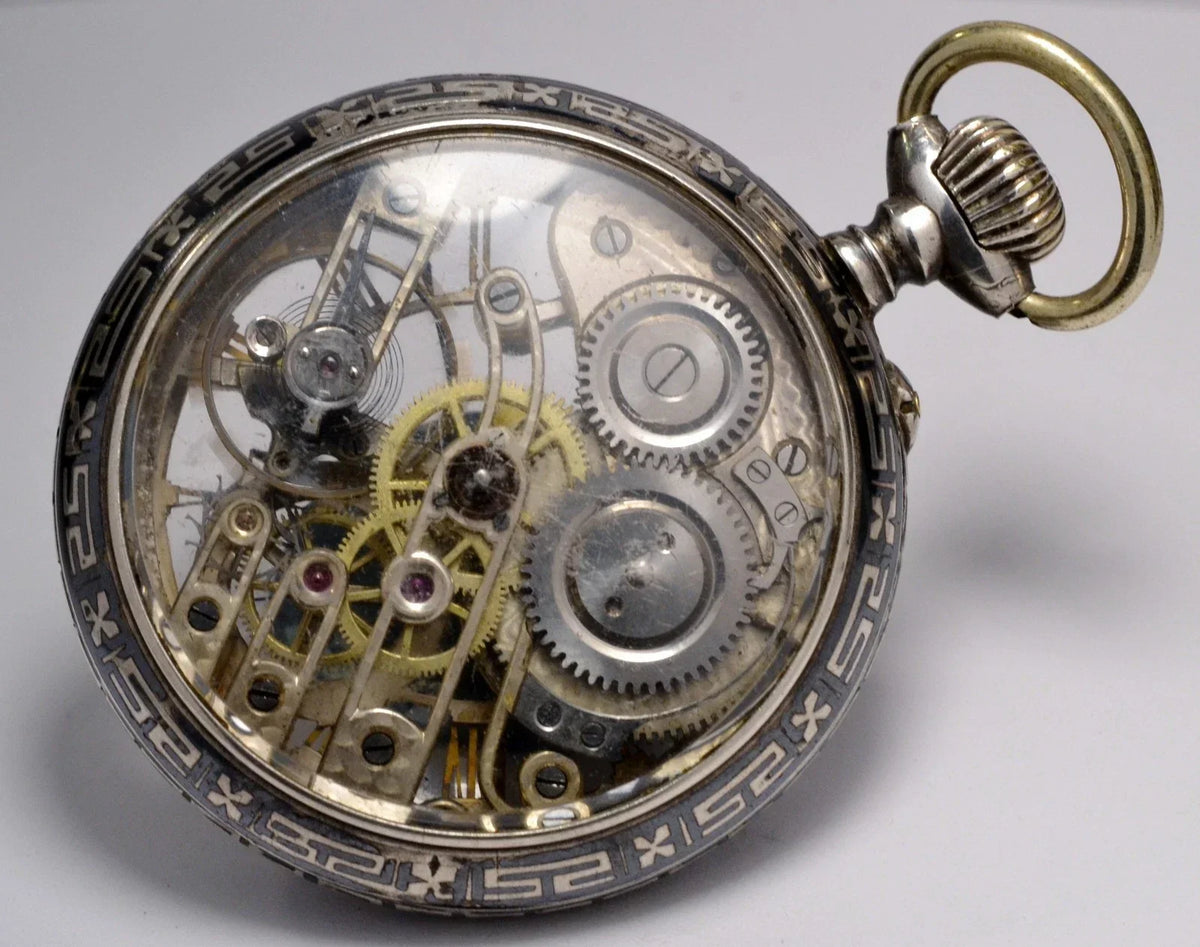 MONTRE ANCIENNE RARE GOUSSET SQUELETTE ARGENT NIELLO 1900 VINTAGE POCKET WATCH