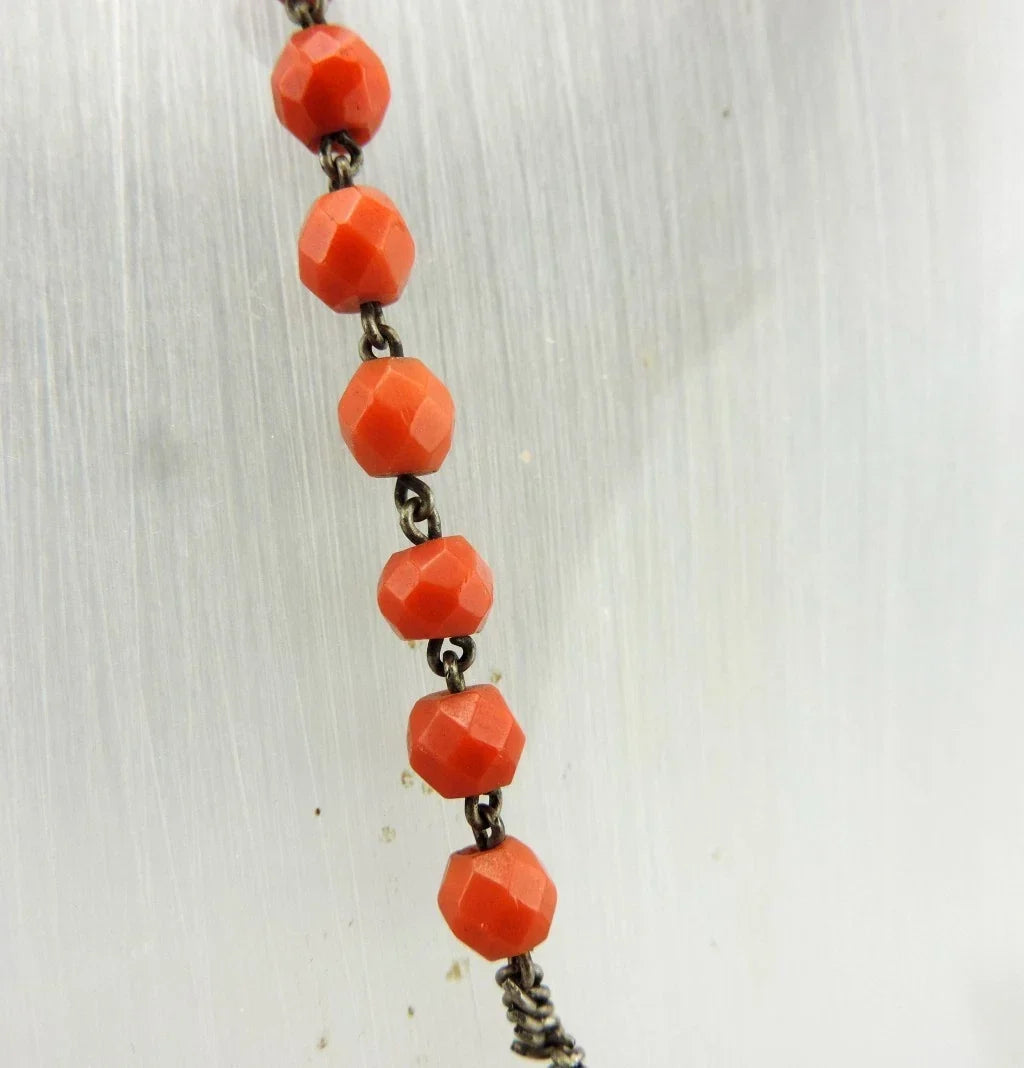 Antique large rosary made of faceted coral beads and solid silver, weight 36 g