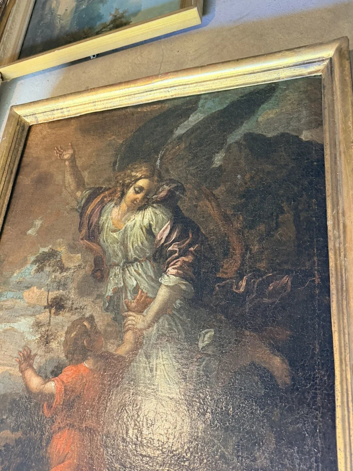 Tableau ancien – Scène religieuse : Ange et enfant – Huile sur toile