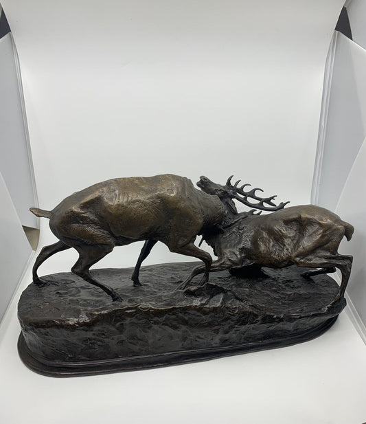 Sculpture en bronze combat de cerfs